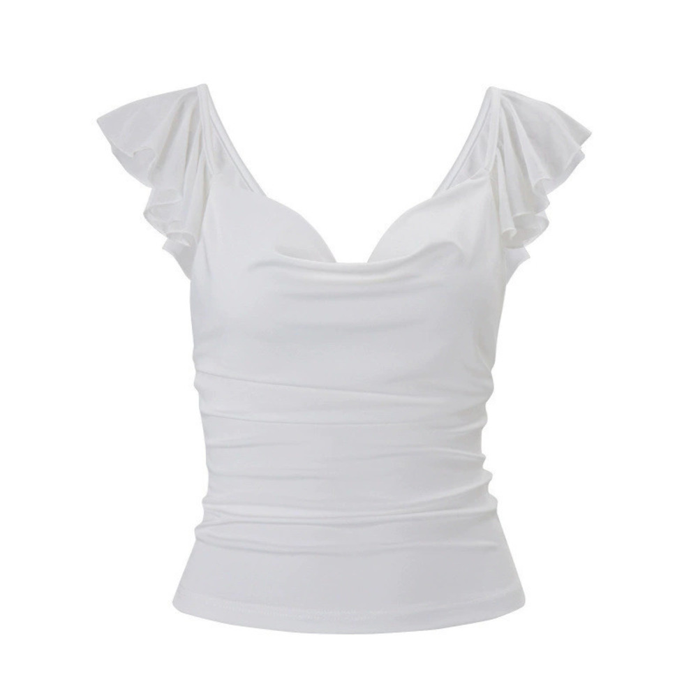 Zara Spring Ruffle Trim Fitted Solid Color Collared Crop Top - Picture 4 of 6